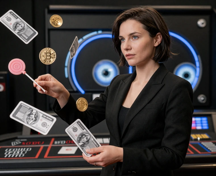 Iris Casino Zahlungs&uuml;bersicht mit dunklem Modell, CandyCoins Lollipop und schwebenden Payment-Symbolen