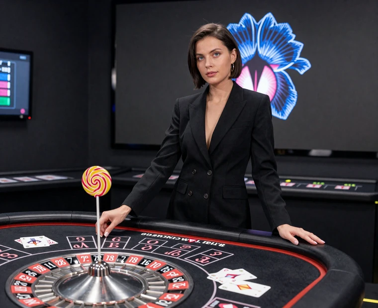 Live Casino Szene bei Iris Casino mit Roulette-Tisch, Modell in Schwarz und CandyCoins Lollipop
