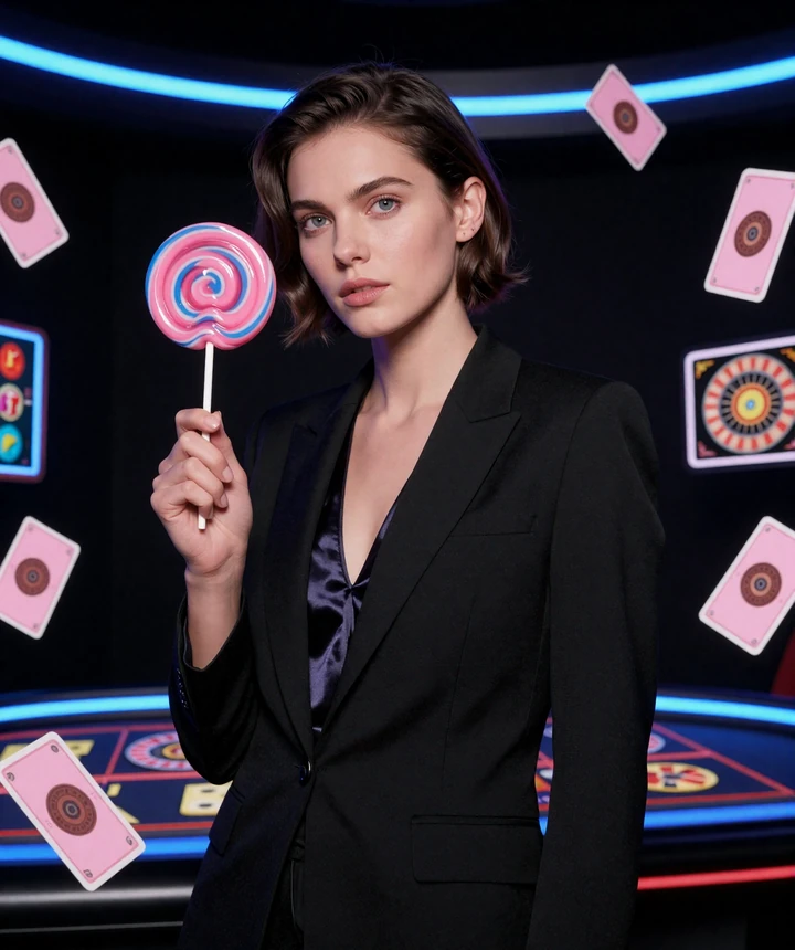 Iris Casino Spiele Hero-Motiv mit Modell in Schwarz, CandyCoins Lollipop und dunkler Spiel-Lobby