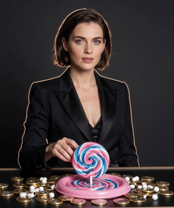 Elegantes Iris Casino Hero-Motiv mit Modell in Schwarz, CandyCoins Lollipop und dunklem Bonus-Interface