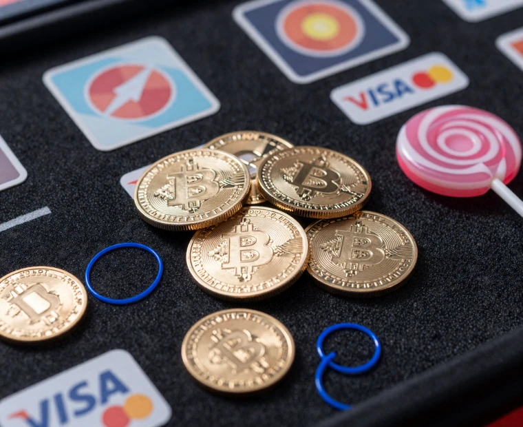 Dunkle Iris Casino Zahlungsoberfl&auml;che mit CandyCoins Lollipop, Karten, E-Wallet und Krypto-Symbolen